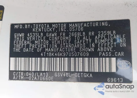 2007 Toyota Camry Xle V6 from USA, damaged, VIN 4T1BK46K97U507609